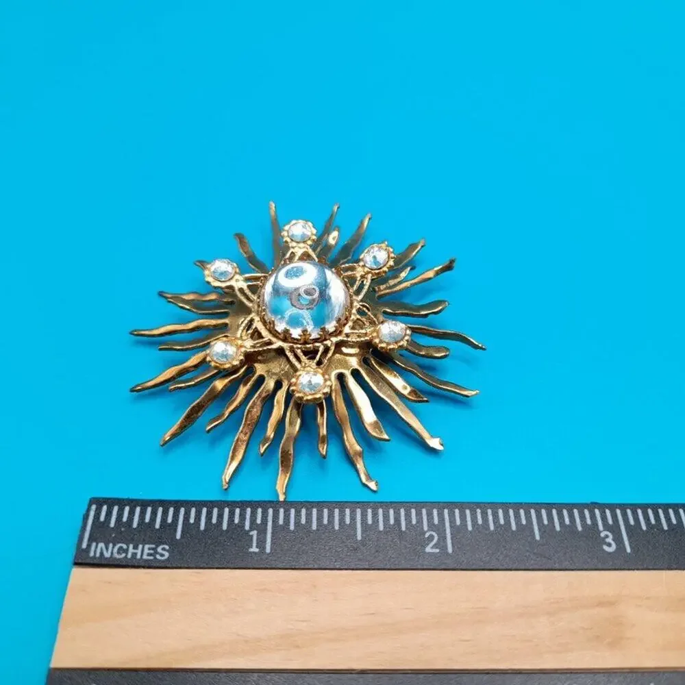 Vintage Celestial Golden Brass Brooch, Clear Cabochons, Early Mid-Century